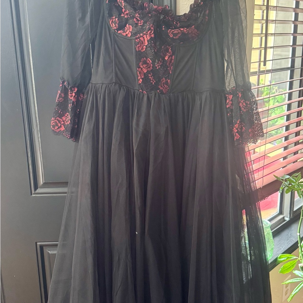 Dollskill Black and Red Lace Transparent Lace Corset Maxi Dress NWT XL goth!